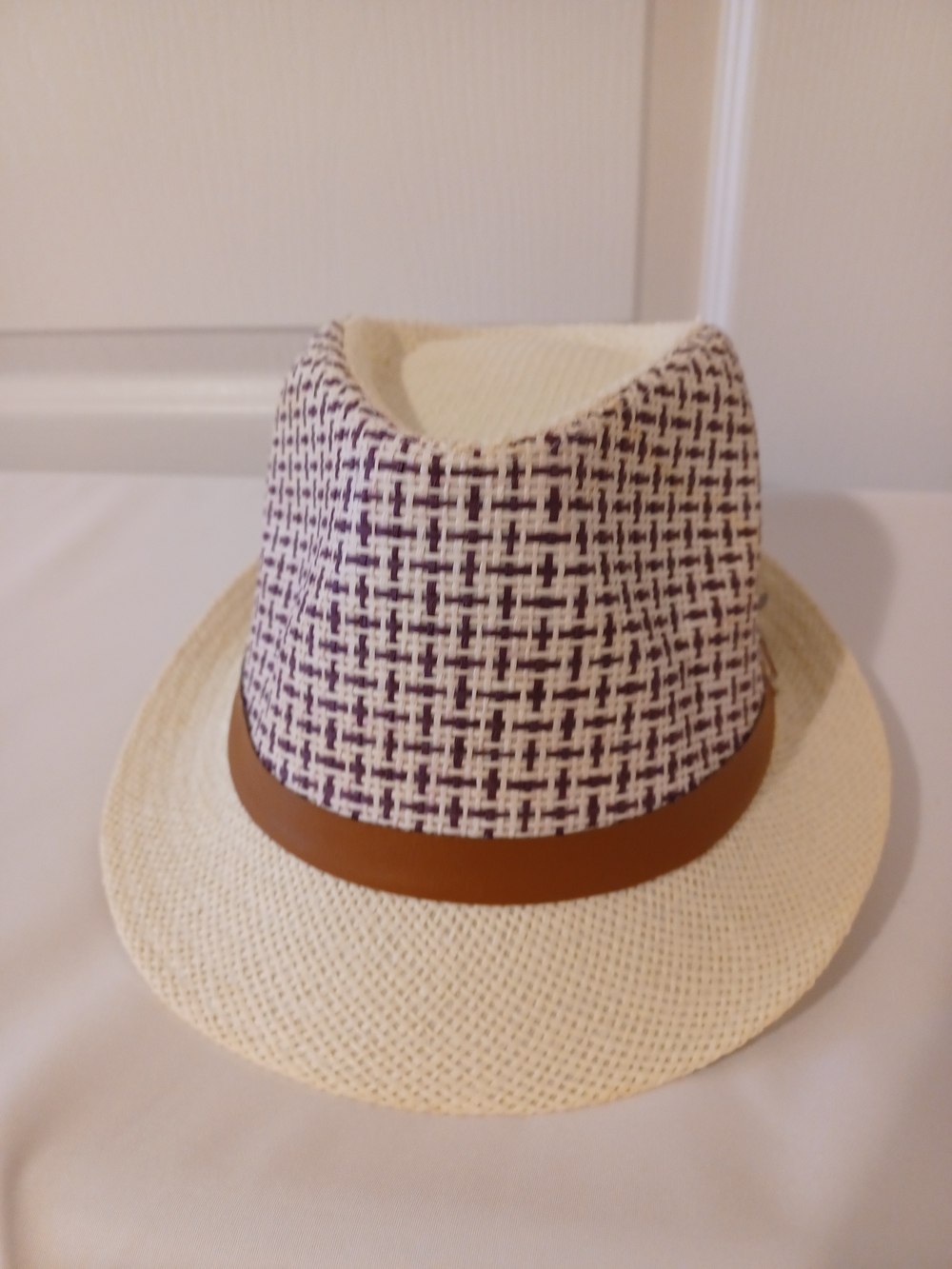 Straw Fedora Hat with Brown Belt - Cream & Purple - Picture 11 of 16